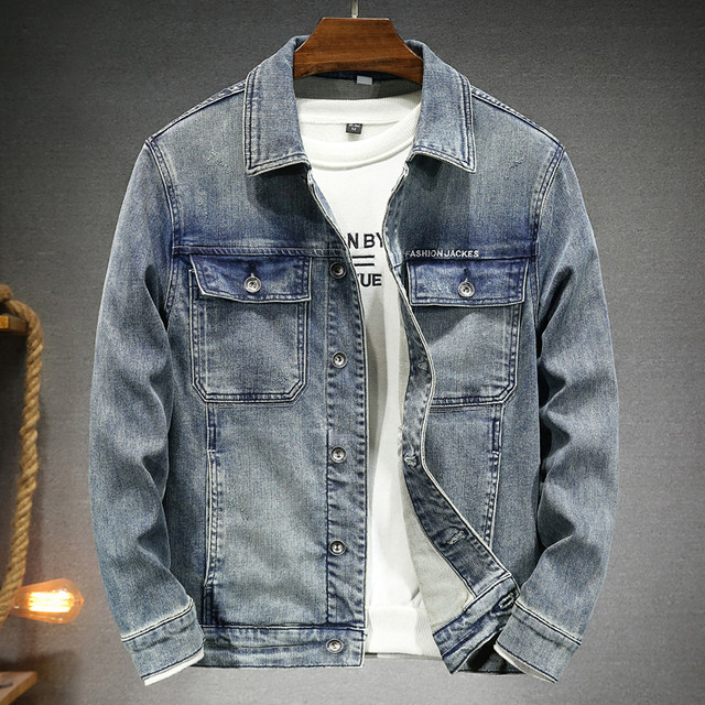 Spring and Autumn Retro Denim Jacket Men's Elastic Slim Washed Simple ...