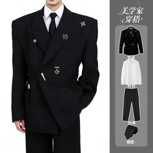 
Niche black silhouette suit jacket with shoulder pads, men's high-end light luxury lapel collar waist trendy casual suit