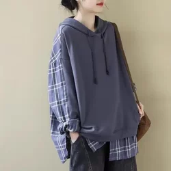 Plus-Size Hooded Sweatshirt for Women, 2026 Spring and Autumn New Style, Artistic, Loose, Versatile, Fake Two-Piece Spliced Long-Sleeve Top
