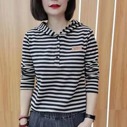 Pure Cotton Long-Sleeve T-Shirt Women's Sweatshirt 2026 Spring and Autumn New Striped Short-Sleeve Hooded Top Base Shirt for Middle-Aged Mothers