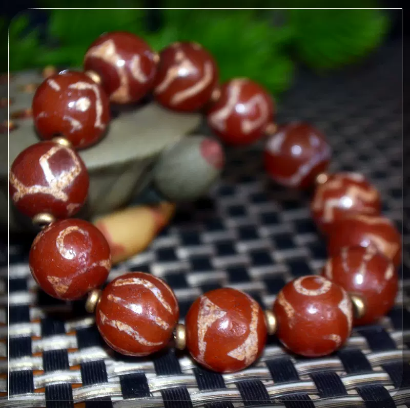 西亚老红玉髓手链镶蚀老玛瑙手串天珠旁系