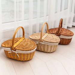 Storage Basket, Picnic Basket with Lid, Rattan Hand-Held Basket, Rural Woven Cleaning Basket, Gift Fruit Shopping Flower Basket