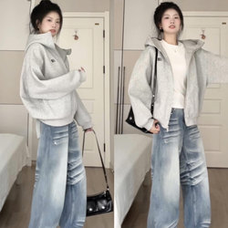 Gray Hooded Sweatshirt Short Jacket for Women, Spring and Autumn 2025 New Popular Style, Early Autumn Outfit, Very Stylish Korean-Style Top