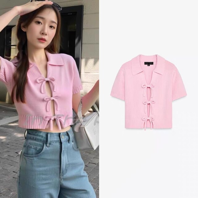 2025 Spring New Products Women's Clothing Bow-decorated Knitted Short Sleeve Round Neck Top 2142007 637
