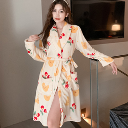 Nightgown Women's Autumn And Winter Middle-length Coral Velvet Thickened Plus Velvet Warm Hotel Sweet And Lovely Plus Size Bathrobe Women