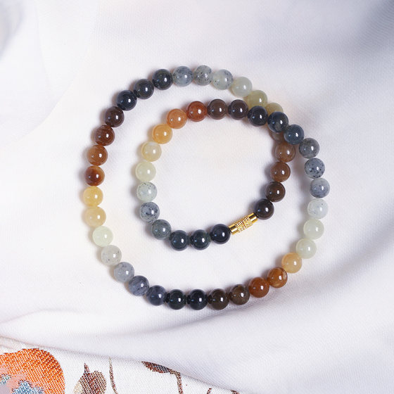 
Natural Hetian jade sugar blue and white yellow mouth round beads gradient color necklace women's jade clavicle chain jewelry