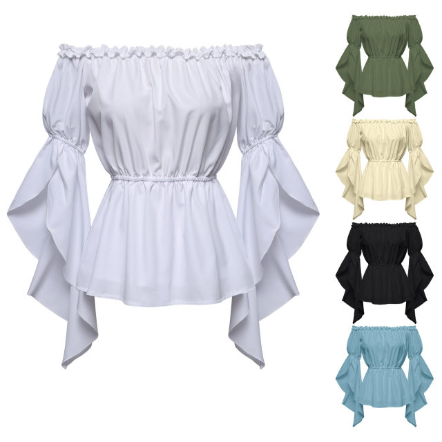 European and American women Renaissance shirt pleated sleeves off-shoulder ruffled shirt top blouse woman
