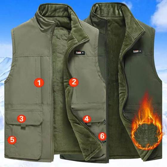 
Winter plush thickened warm vest for men stand collar multi-pocket large-size casual vest wears new dad outfit