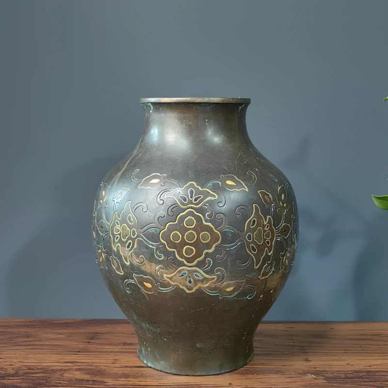 日本古美术大正金工金银象嵌如意纹大花瓶花入茶室摆件收藏铜制-Taobao