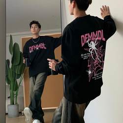 Autumn Heavyweight Pure Cotton Black Long-Sleeve T-Shirt with Spider Print on the Back, Men's Oversize Cool Round-Neck Top