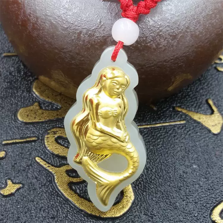 和田玉人鱼挂件金镶玉足金美人鱼玉坠玉佩足金黄金