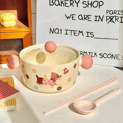 Cream-Colored Dachshund Double-Eared Noodle Bowl, Large Soup Bowl for Home Use, 2025 New Model, Ceramic with Lid and Spoon, Snail Noodle Bowl