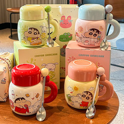 Crayon Shin-Chan ins High-Quality Ceramic Mug with Lid and Spoon, Office Milk Coffee Cup, Birthday Gift for Women