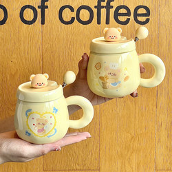Milk Fufu Butter Bear Mug with Lid, Cute Ceramic Drinking Cup for Girls, Couple Coffee Cup, Birthday Gift