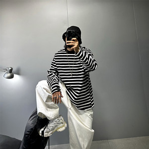 
380g heavyweight pure cotton contrast striped long-sleeved T-shirt men's oversize wide version trendy brand T Japanese loose bottoming shirt