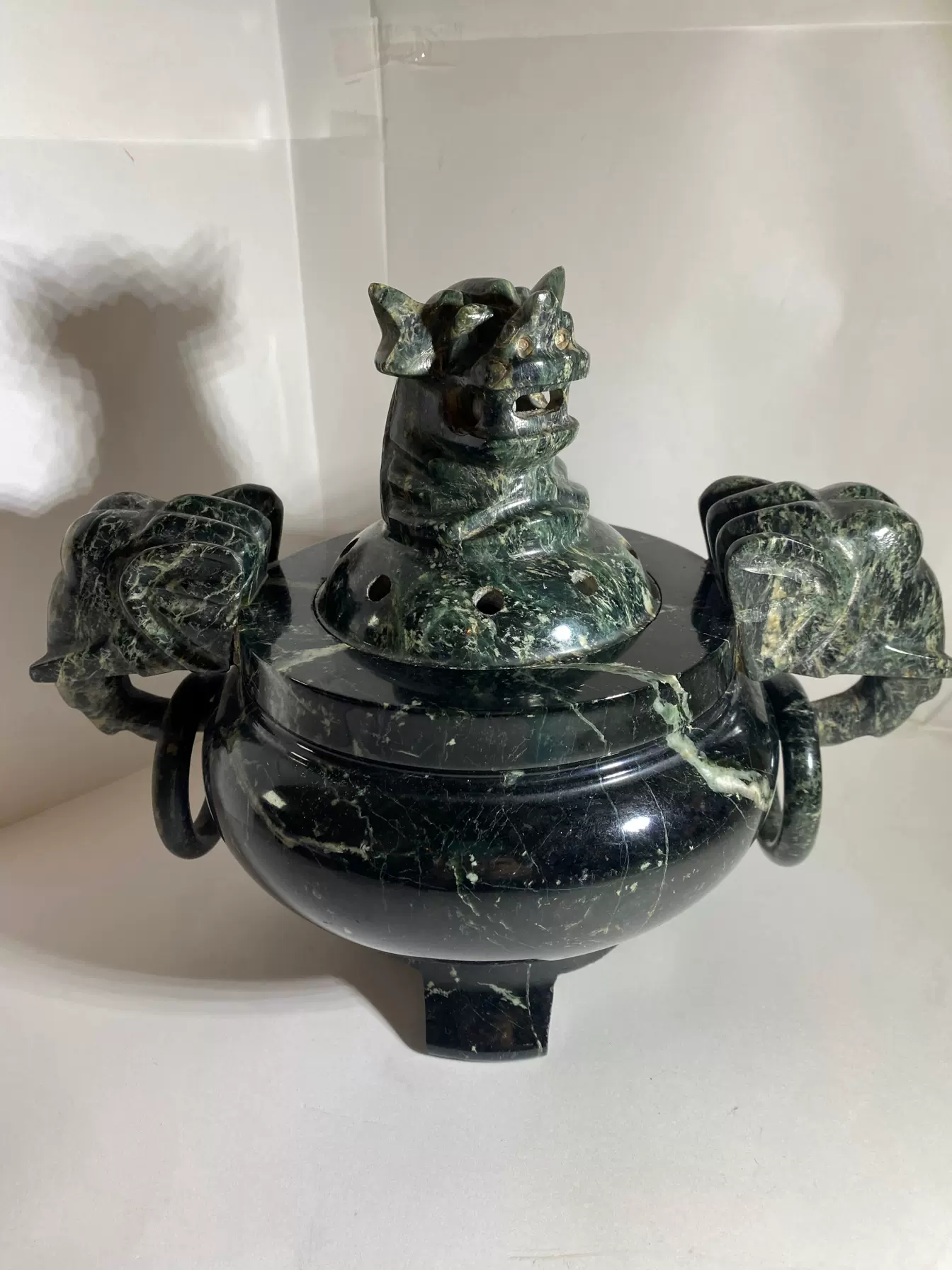 天然玉石龍頭香炉 天然石玉石岫玉香炉龙头雕高16.5cm加底座宽14.5cm重793克O863