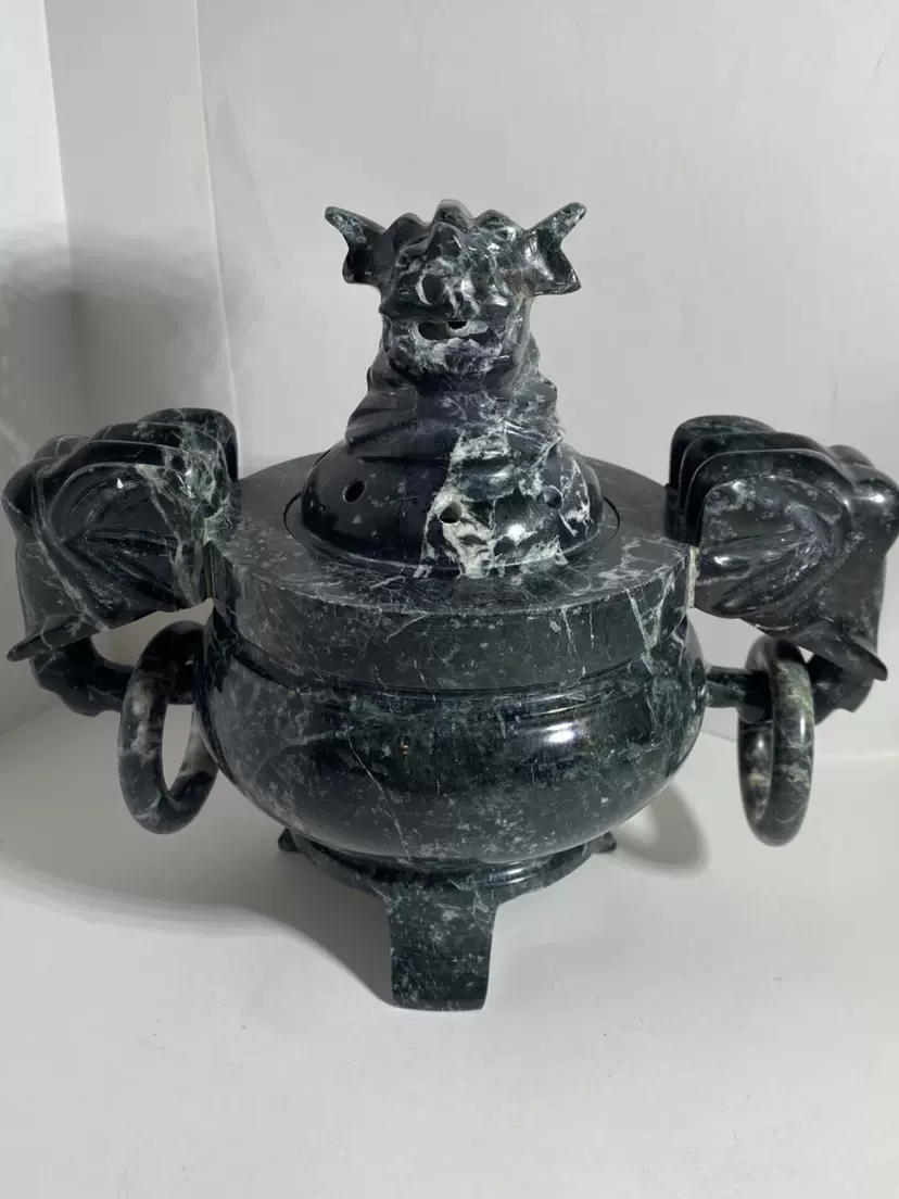 天然玉石龍頭香炉 天然石玉石岫玉香炉龙头雕高16.5cm加底座宽14.5cm重793克O863