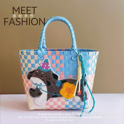 Large-Capacity Woven Tote Bag, Cartoon Cute Style, Suitable for Spring Outings, Picnics, Vacations, Beach, Hand-Held Bag for Women
