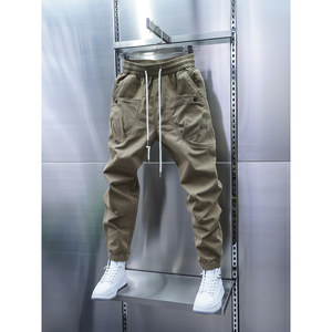 2025 Trendy Men's New Large Pocket Casual Pants Solid Color Stretch Versatile Small Leg Pants Spring and Autumn Legged Harem Pants