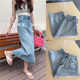 Clearance European denim skirt spring and summer embroidered flower high waist straight skirt casual sweet midi skirt
