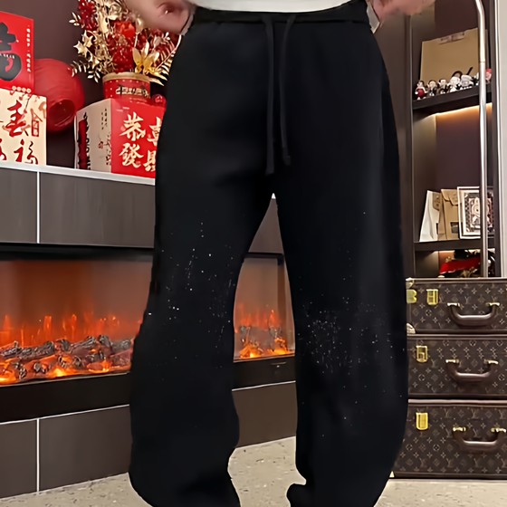 
Autumn and winter new fashion heavy industry star-studded diamond loose and versatile straight-leg plus velvet thickened personalized trendy casual pants for men