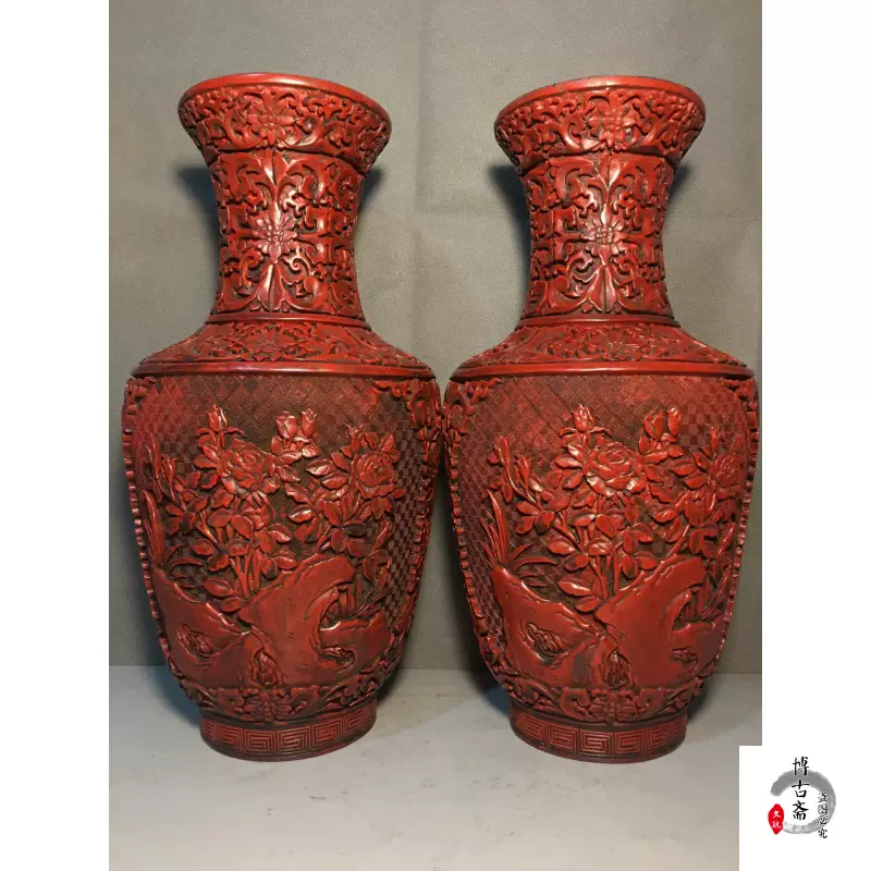 民間收藏老北京手工雕刻漆器花瓶老漆器大漆剔紅花瓶-Taobao
