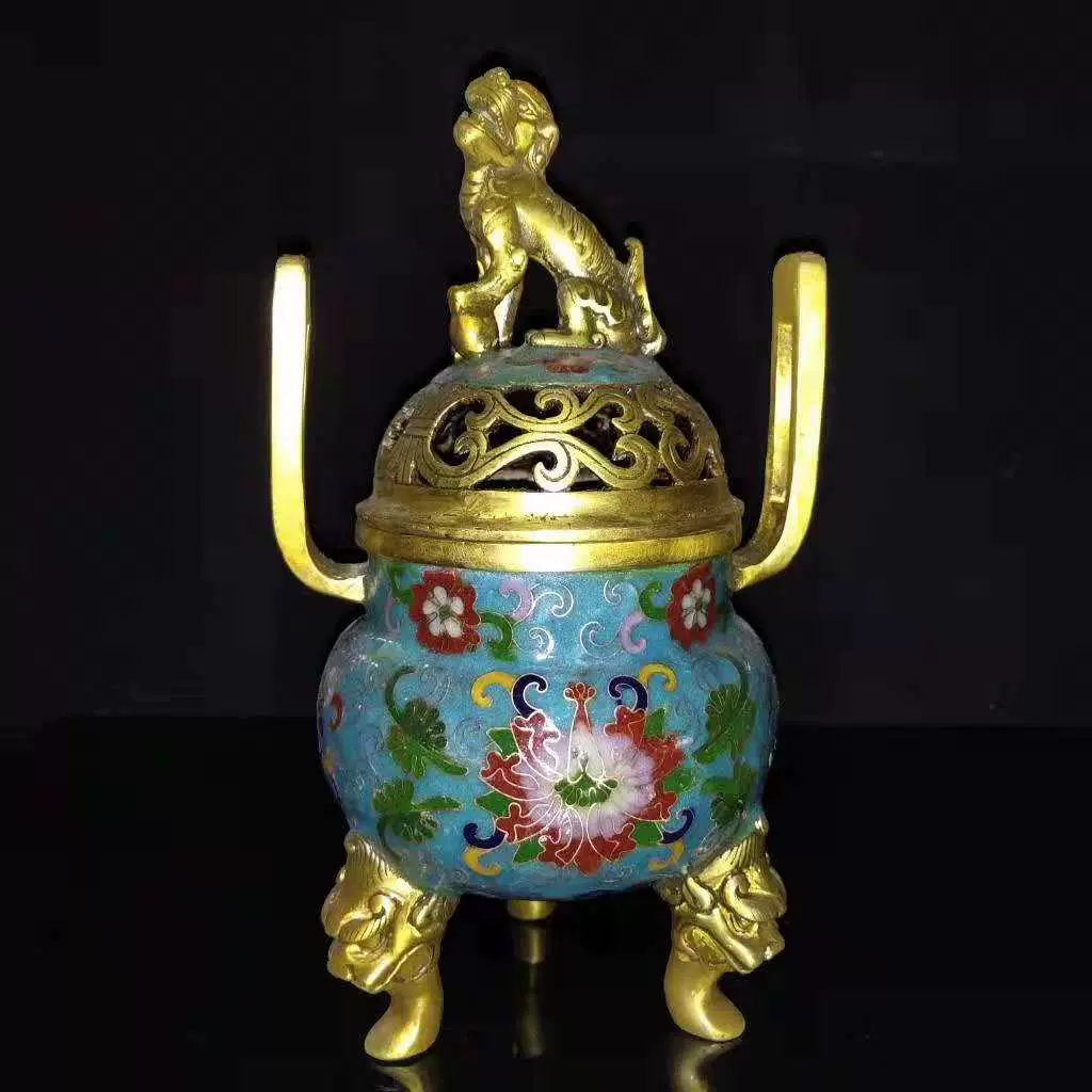銅胎景泰藍・琺琅彩・二龍戲竹珠紋・獅子香爐・熏香爐・仏具・置物・中国古美術 銅胎景泰藍・琺琅彩・二龍戲竹珠紋・獅子香爐・熏香爐・仏具・