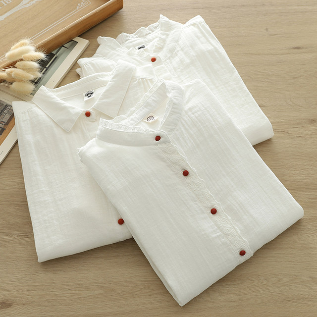 Pure cotton stand collar black ears white shirt Japanese spring and autumn new long-sleeved solid color base age-reducing layered shirt for women