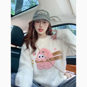 Soft and waxy mink velvet cartoon embroidered sweater for women autumn and winter 2026 new loose and cute mohair sweater jacket