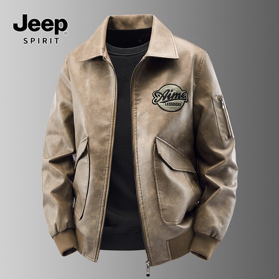 
JEEP SPIRIT Jeep Leather Clothes Men's Personalized Casual Autumn and Winter New Trendy Embroidery Slim Jacket