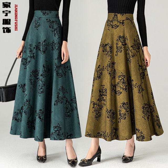 2024 Spring and Autumn New Printed Skirt for Women versatile high-waisted A-line Skirt Mid-length Thickened Slim Large Size Long Skirt
