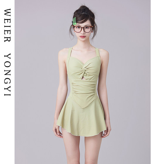 Swimsuit women's high -end skirt -style flat -angle small chest gathered conservatively covering the belly, thin, waist hot spring swimsuit