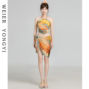 
Women's high-end swimsuit, beautiful oil painting print, sexy split bikini three-piece set, resort hot spring swimsuit