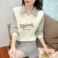 Fake Two-Piece Striped Patchwork Pure Cotton Long-Sleeve T-Shirt for Women, 2026 New Spring Loose Top Sweatshirt Base Shirt