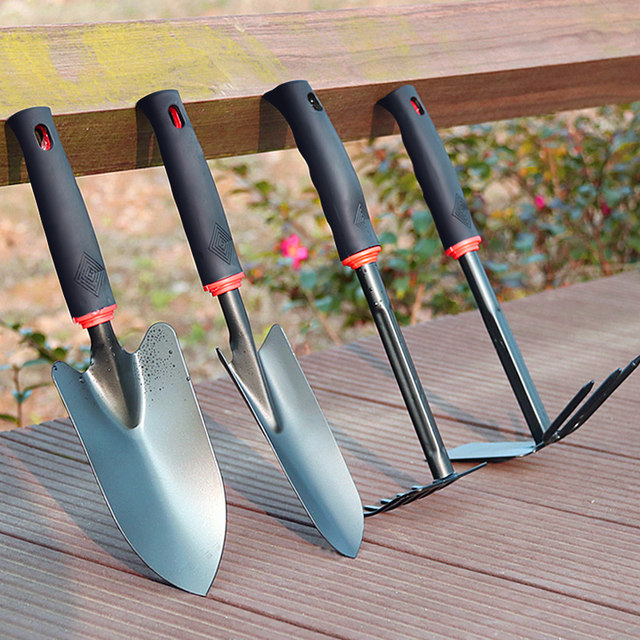 Small black shovel four-piece set of gardening tools for plowing soil, planting trees, shovel rake, large shovel, hoe for flower planting