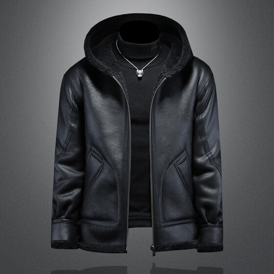 Furmore men's winter large size plus velvet thick leather clothes short motorcycle clothes jacket men's lamb hair jacket
