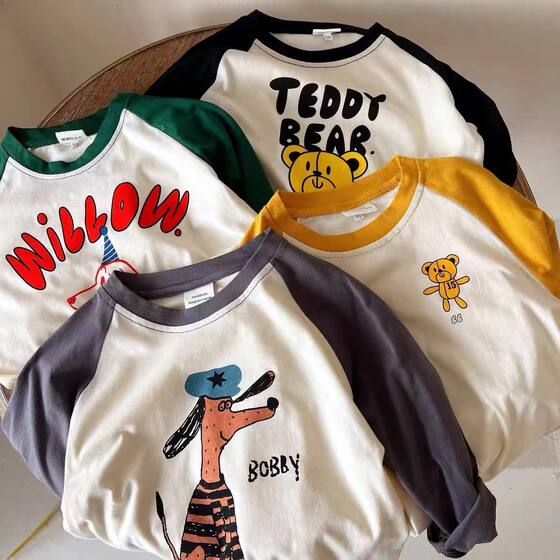 
Baby cotton clothes Korean version for boys and girls cartoon print stitching long-sleeved T-shirt bottoming top 2024 spring clothing