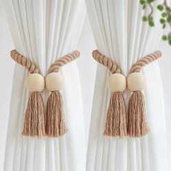 New Magnetic Curtain Tiebacks, a Pair, Simple Wooden Tassel Curtain Tiebacks, Versatile Buckle Rings, Drawstring Accessories