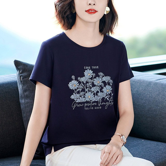 Pure cotton heavy industry embroidery flower t-shirt women's summer new ...