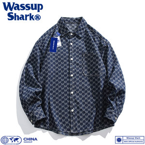 WASSUP Shark Tide Brand Washing Titanium Denim Shirt Jacket Male Spring Autumn Casual Loose Loose Flower Shirt