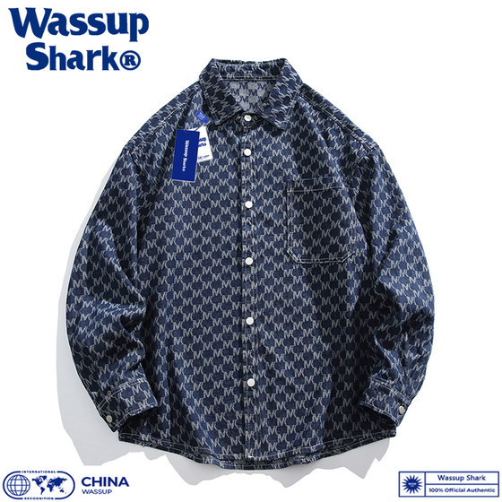 WASSUP Shark Tide Brand Washing Titanium Denim Shirt Jacket Male Spring Autumn Casual Loose Loose Flower Shirt