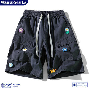 
Wassup Shark American retro three-dimensional flower work shorts men and women summer casual loose five-point pants trendy