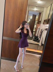 
IN MIMIFACE Sexy hot girl purple u-neck short-sleeved dress summer women a-line waist-hugging temperament short skirt