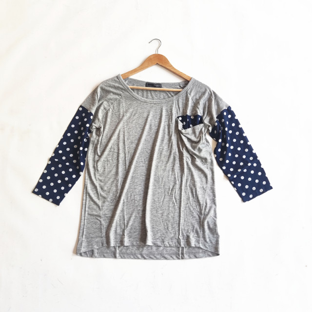 E5-1 autumn women's foreign trade chiffon polka dot printed top loose round neck casual pocket 7-quarter sleeve T-shirt
