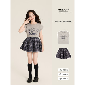 
Amybaby girls suit summer 2026 new style casual cartoon printed T-shirt plaid skirt
