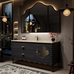 French-Style Vintage Oak Bathroom Cabinet Set, Floor-Standing Washbasin with Integrated Ceramic Basin