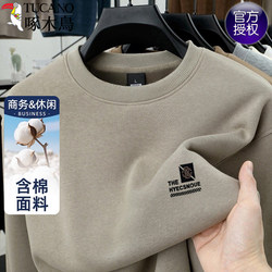 Woodpecker Brand Heavyweight Xinjiang Long-Staple Cotton Long-Sleeve T-Shirt for Men, Pure Cotton Crew Neck Inner Layer Base Shirt, Fleece-Lined Loose Sweatshirt