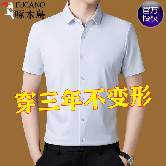 Woodpecker traceless mulberry silk elastic short-sleeved shirt men's summer droop business pure white non-scalding ice silk shirt