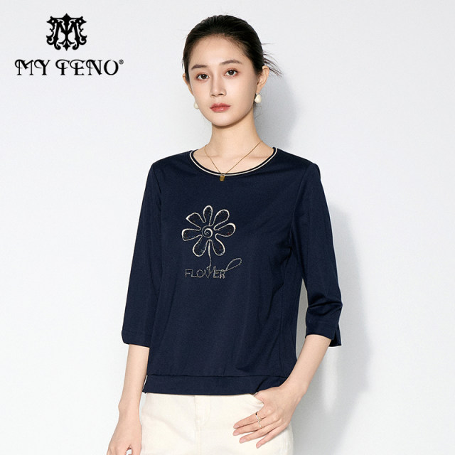 Ma Tiannu 2025 summer new solid color embroidered T-shirt round neck mid-sleeved top stretch versatile casual and fashionable women