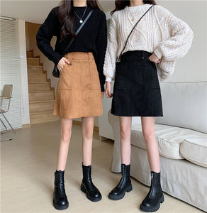 
Deerskin velvet pocket skirt for women in autumn and winter large size high waist versatile slim A-line skirt mid-length hip-covering skirt